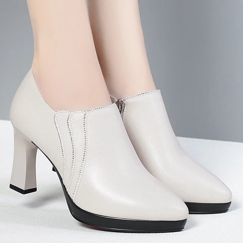 Comfortable Pointed Toe Deep Mouth Soft Leather Shoes Women's Pumps 2024 Fall Block High Heels For Office Model Mom Elegant