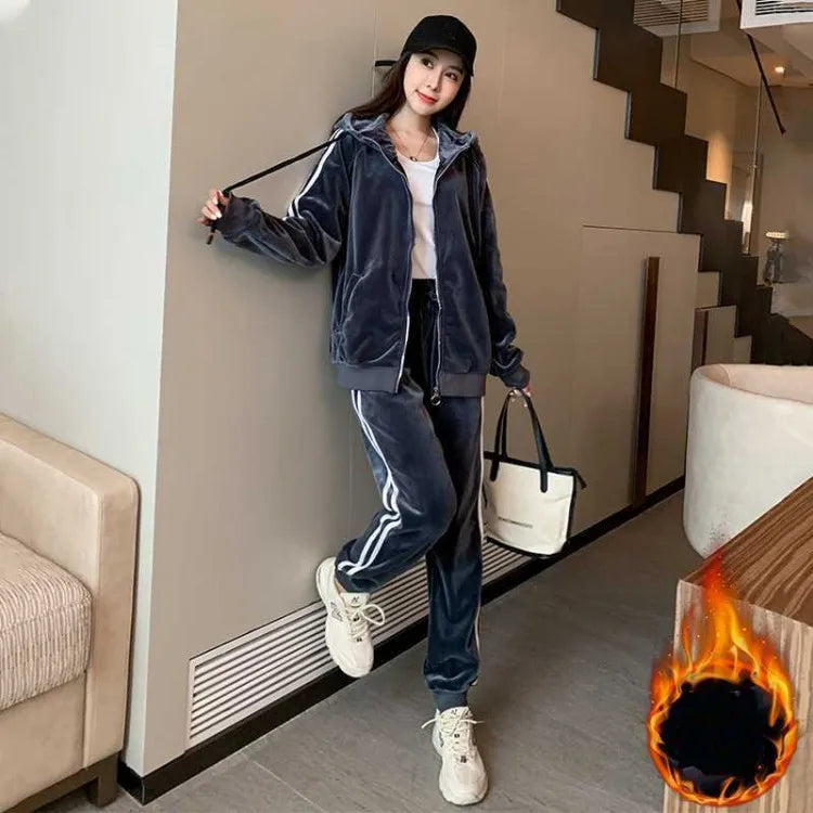 Winter Women Thick Warm Fleece Liner Sport Tracksuit Side Striped Hooded Jacket Outdoor Running Set Velvet Jogging Training Sets