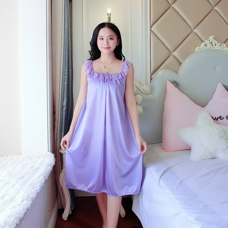 Summer Women Nightgown New Brides Wedding Lace Sexy Ice Silk Nightdress Loose Large Size Simulation Silk Nightgown Home Service