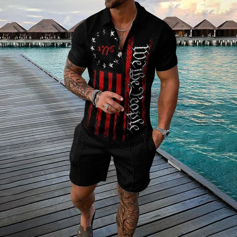 3D Print Nationality Style Men's Short Sleeve Sets Fashion Tee Shorts 2 Piece Outfit Casual Zipper Polo Shirts Summer Loose Suit