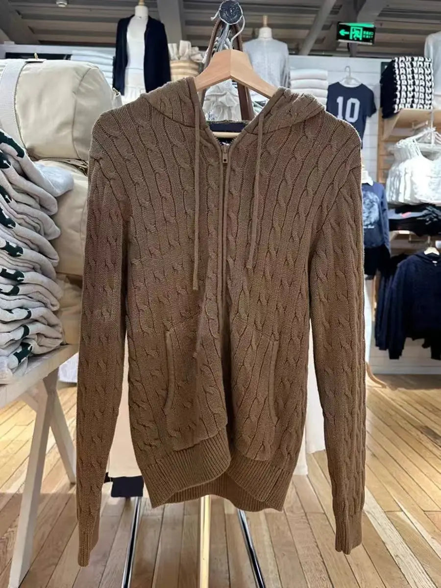 Twisted Flower Pink Knitted Cardigans Women Autumn Drawstring Hooded Cotton Zipper Sweater Solid Sweet Loose Sweaters Coats Y2k