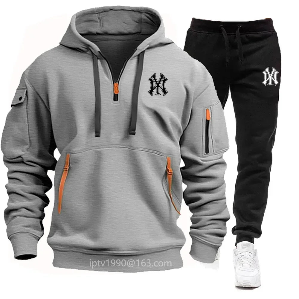 Men's Spring and Autumn 2025 multi-pocket zipper hoodie set, 2-piece set of sweatpants, casual fitness sportswear