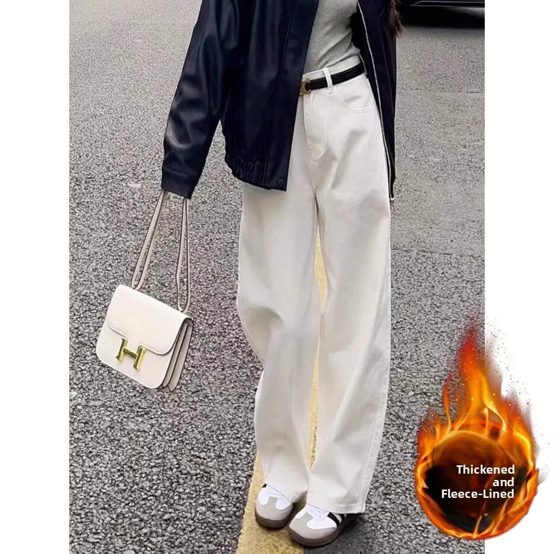 「MD」Loose White Wide Leg Jeans Women Drape High Waist Straight Wide Leg Pants Mopping Pants