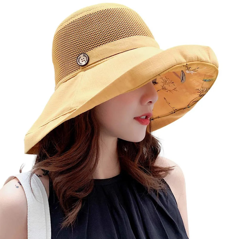Sommerhatte Kvinders dobbeltsidede spand Hat Koreansk version Mesh Mønster Button Pot Hat Udendørs solcreme Hat