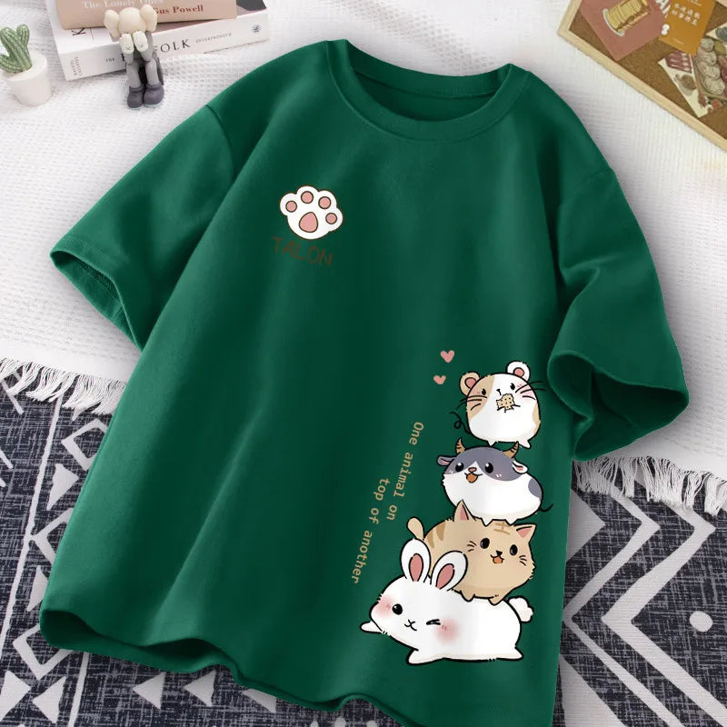 Japanese Cute Hamster Style Sweet Print Daily Wear Short Sleeve T-shirt Women's Loose Casual Teenage Student Half Sleeve Top