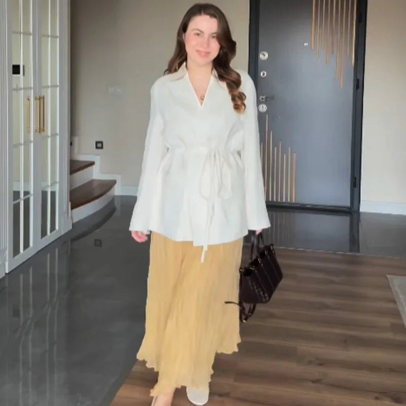 HXAO Women's Skirt Yellow Pleated Skirt Summer 2025 Midi Ruffle High Waist Long Skirts For Women Elegant Casual Vacation Skirts