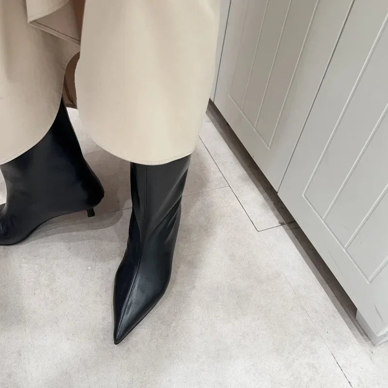 SEXY Black Pointed Toe Cat Heel Mid Calf Boots for Women Soft Leather PU Design Low Heel Wide Mouth French Style Ankle Boots