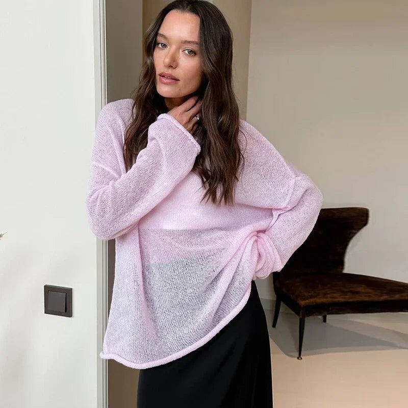 Elegant Knitted Hollow Out Pullovers Women Loose O-neck Long Sleeve See Through Jumper 2024 Summer Y2k Chic Lady Beach Sweater