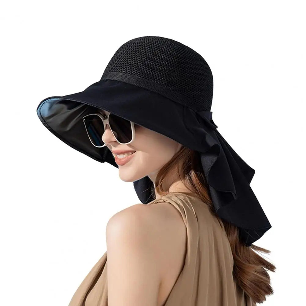 Summer Women Bucket Hat with Shawl Breathable Mesh Face Neck Protection Sun Hat Bow Pleat Wide Brim Hat Travel Beach Cap