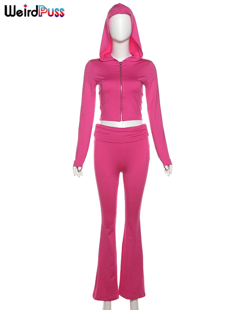 Weird Puss Casual Sporty 2 Piece Set Tracksuit Women Hooded Zip Jacket+Flare Pants Stretch Activity Streetwear Matching Outfits