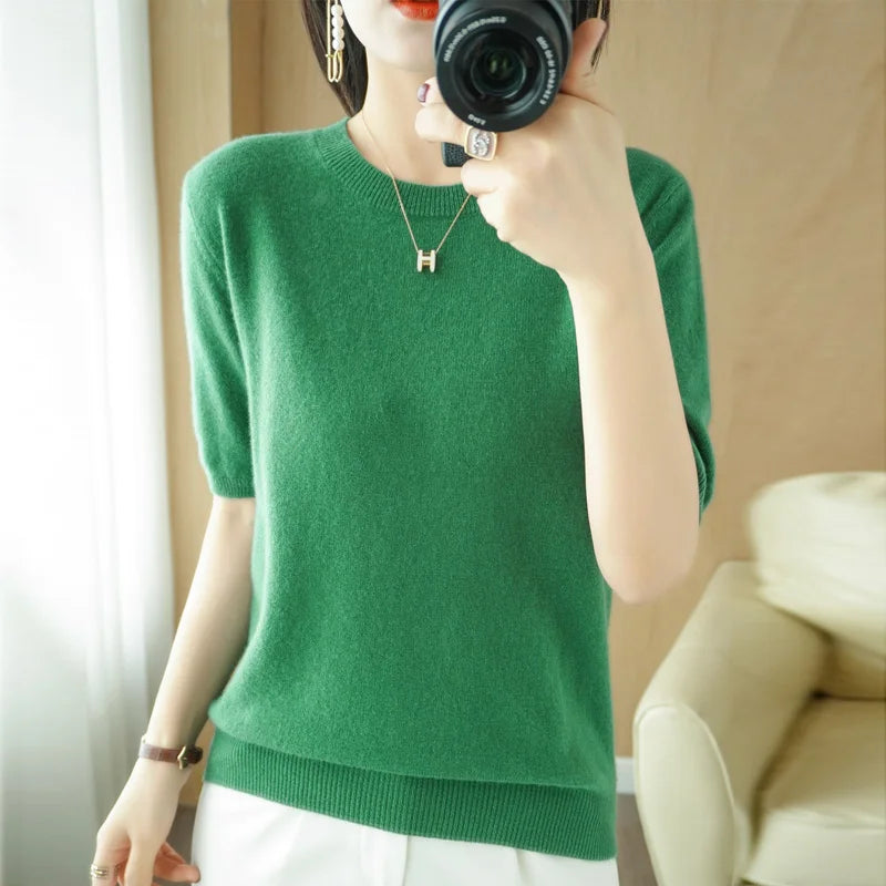 Spring 2022 New Women's O-Neck Short-Sleeved Exquisite Cashmere Sweater Pullover