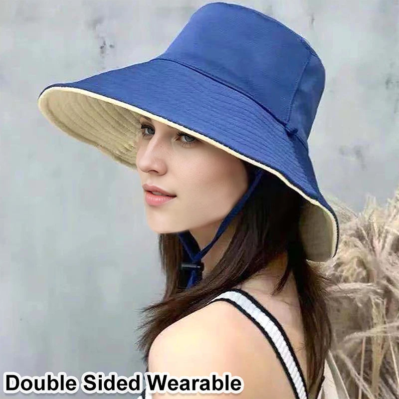 Women's Summer Double Sided Fisherman Hat Large Brim Solid Color Foldable Sunshade Bucket Hat Outdoor Fishing Sun Protection Cap