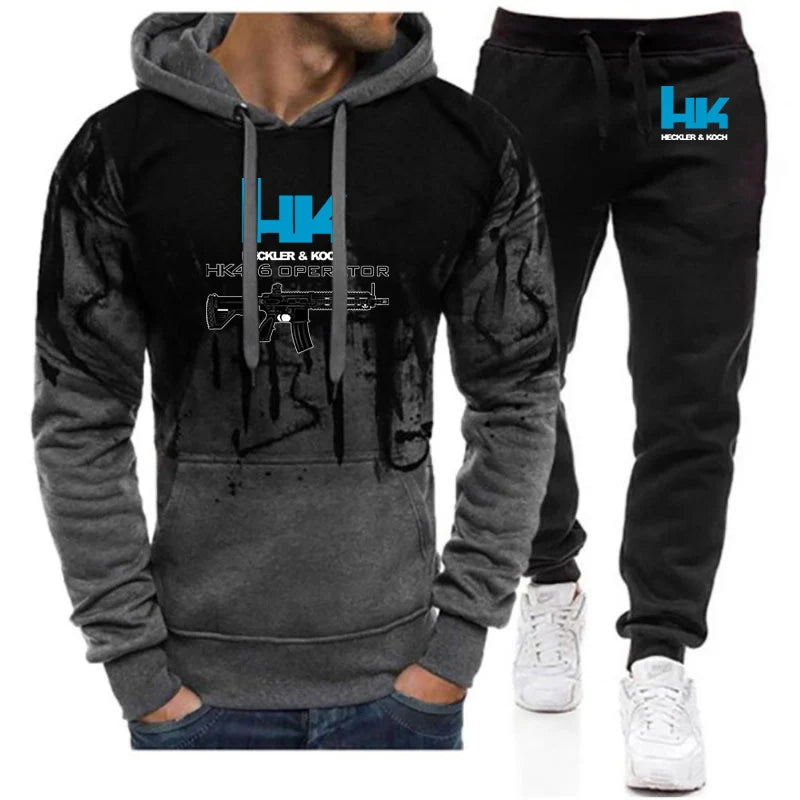 2025 Spring Autumn Man's Graphic in Heckler Koch HK416 Logo Print Hooded Gradient Color Hoodies+Sports Comfortable Pants Suits