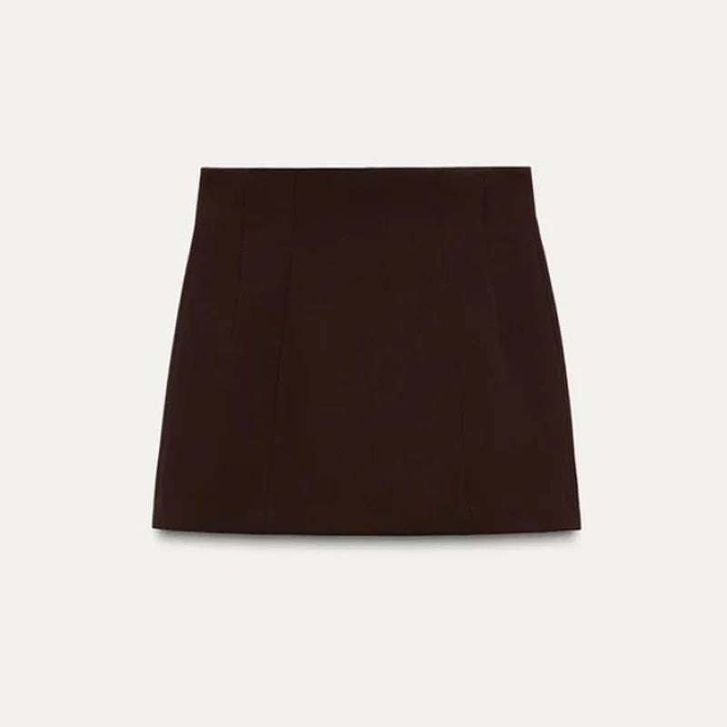 Elegantní sada skalního kabátu Mini sukně Sets Women Brown ramenní podložka Cinked Pas Suit bunda A-line sukně