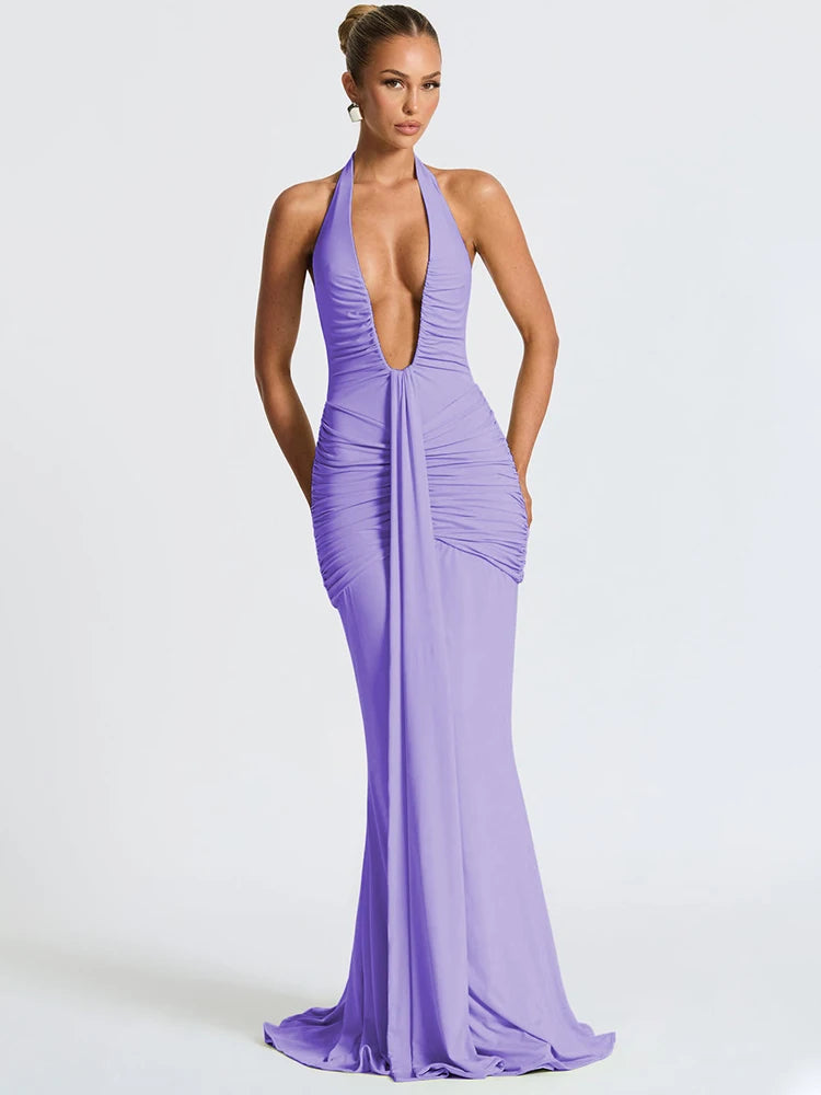 Mozision Deep V Neck Draped Ruched Sexy Maxi Dress Women Summer Fashion Halter Sleeveless Backless Club Party Long Dress Elegant