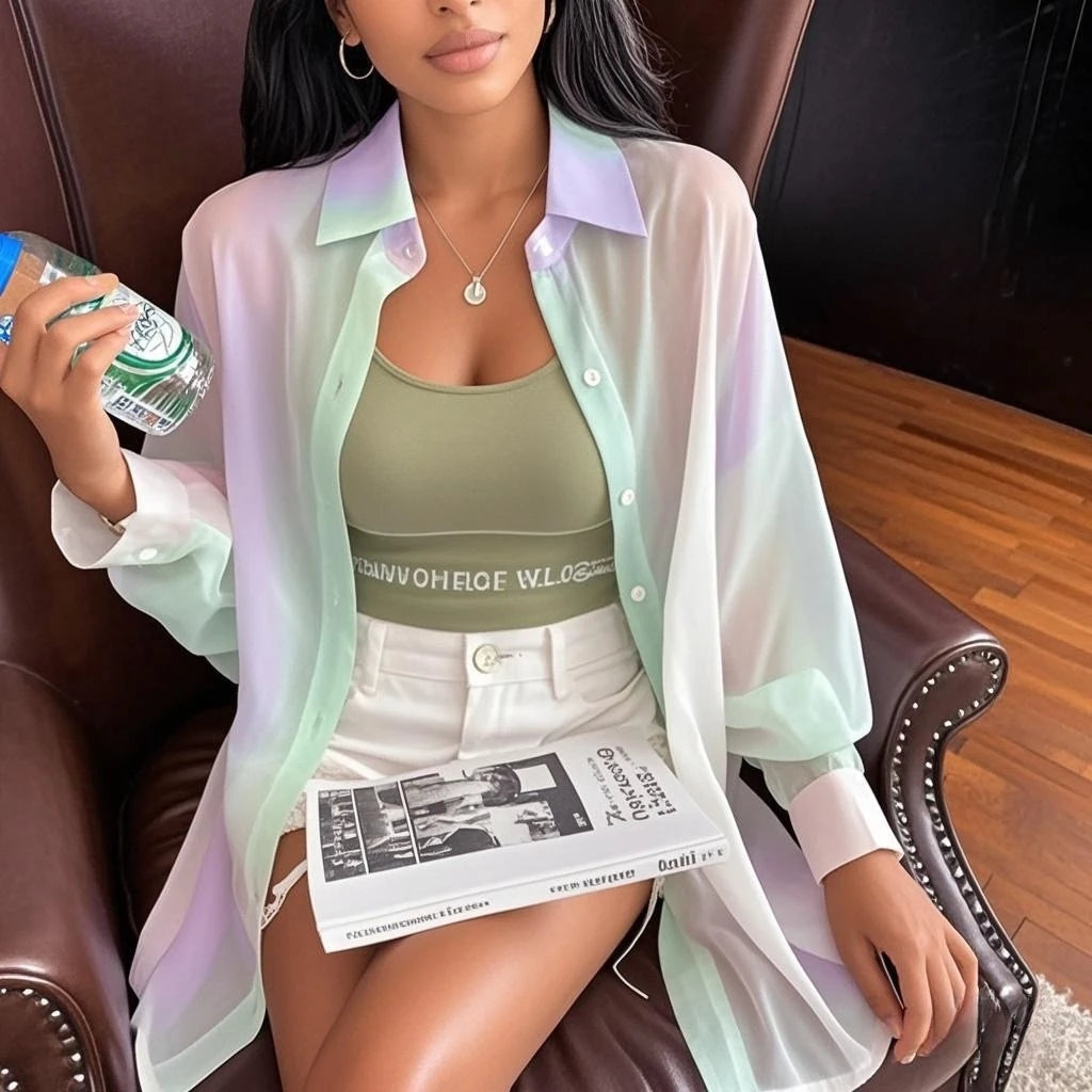 See-through Irregular Gradient Rainbow Long Sleeved Shirt And Blouses Thin For Women Clothes Loose Top Pink Casual Fashion Trend