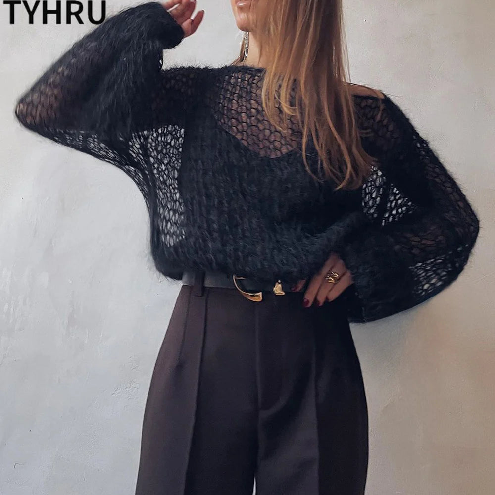 TYHRU Women's Knitted Sweaters Lady Hollow out Mesh Thin Pullover See Through Look Lantern Sleeve Loose Tops Smock
