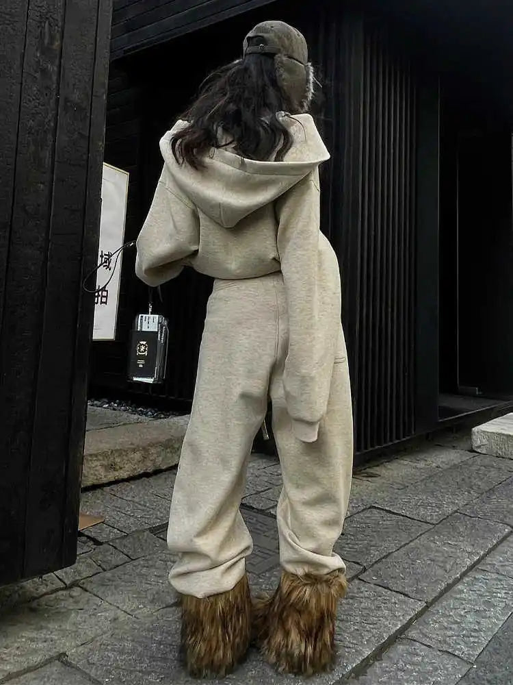 Retro frjálslegur íþróttafatnaður, haust kvenna og vetur laus hettupeysur með breiðum fótabuxum tveggja stykki sett