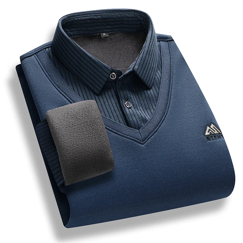 Men's Fleece Lined Sweater Polo Collar Pullover Tops Fake Two Piece Fashion Business Causal Pullovers Thick Winter Clothes