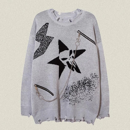 American Star Chain Hole Men's Sweater Gothic Vintage Hip Hop Sweater Par Knitwear Pullover Winter Nya överdimensionerade herrhoppare