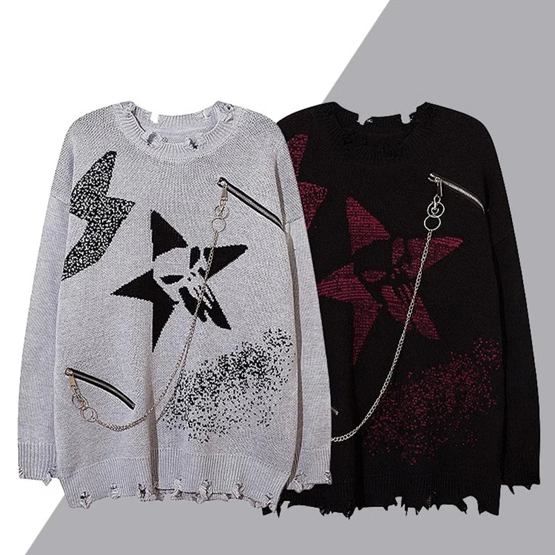 American Star Chain Hole Men's Sweater Gothic Vintage Hip Hop Sweater Par Knitwear Pullover Winter Nya överdimensionerade herrhoppare