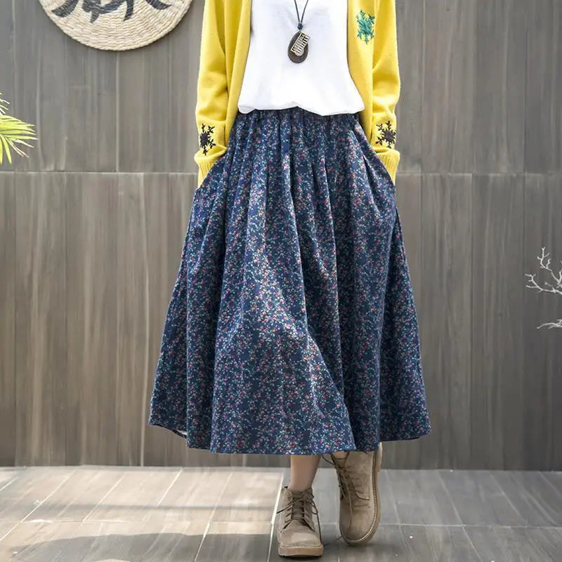 Primăvara toamna artelor în stil elastic talie de bumbac din bumbac a-line fustă lungă femei libere casual casual fustă florală de înaltă calitate s364