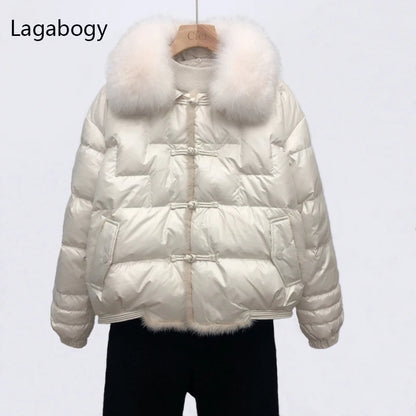 Lagabogy 2025 Real Fox Fur Collar Winter Women 90% White Duck Down Jacket Lady Short Warm Puffer Coat Female Loose Vintage Parka