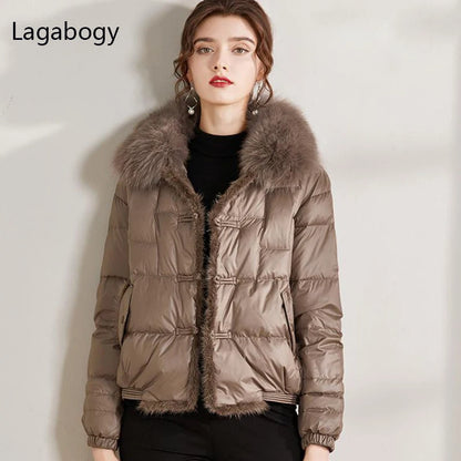 Lagabogy 2025 Real Fox Fur Collar Winter Women 90% White Duck Down Jacket Lady Short Warm Puffer Coat Female Loose Vintage Parka