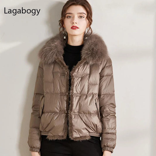 Lagabogy 2025 Real Fox Fur Collar Winter Women 90% White Duck Down Jacket Lady Short Warm Puffer Coat Female Loose Vintage Parka