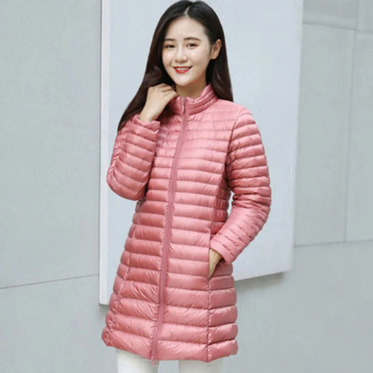 Autumn Winter Women White Duck Down Jacket Female ultra Light Slim Thin Zipper Warm Feather Long Down Coat Good Quality Parkas