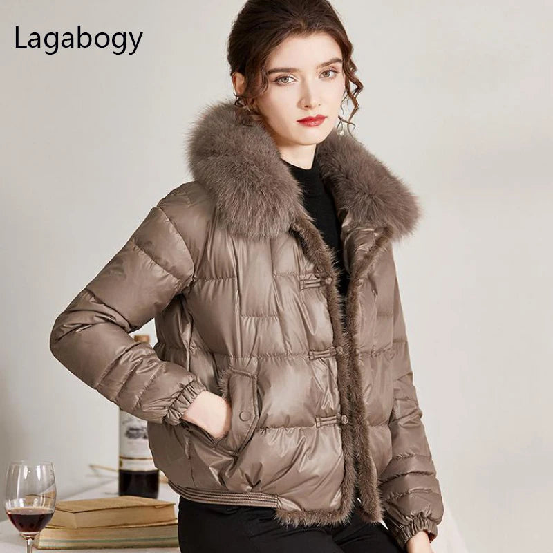 Lagabogy 2025 Real Fox Fur Collar Winter Women 90% White Duck Down Jacket Lady Short Warm Puffer Coat Female Loose Vintage Parka