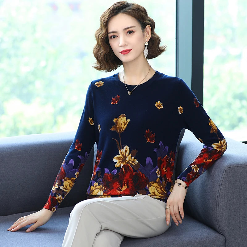 YISU Fashion Casual Autumn Women Sweater O-Neck morning glory Printing Long sleeve Tops Female Jumper Loose Knitted pullover