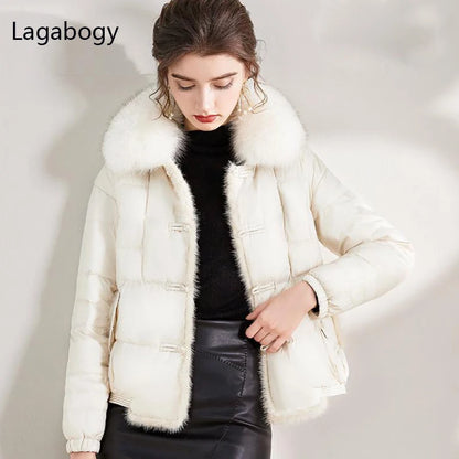Lagabogy 2025 Real Fox Fur Collar Winter Women 90% White Duck Down Jacket Lady Short Warm Puffer Coat Female Loose Vintage Parka