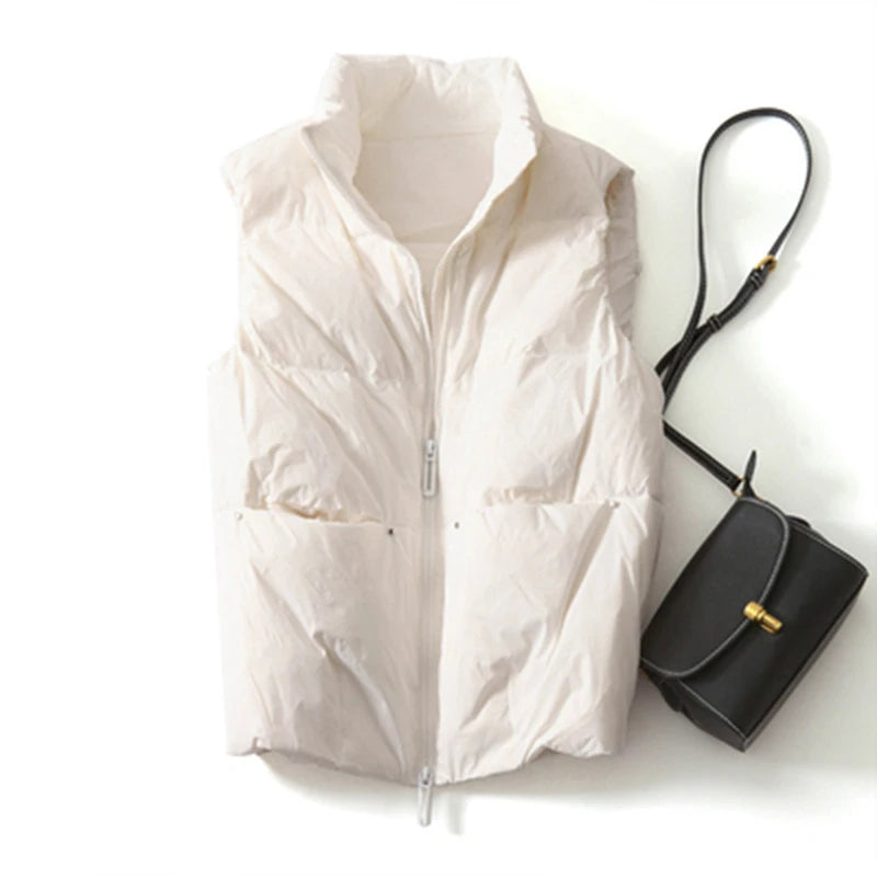 2022 New Body Warmer Women's Down Vest Jacket Loose White Duck Down Thick Waistcoat Vest Zipper Sleeveless Coat For Women