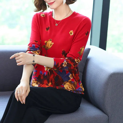 YISU Fashion Casual Autumn Women Sweater O-Neck morning glory Printing Long sleeve Tops Female Jumper Loose Knitted pullover