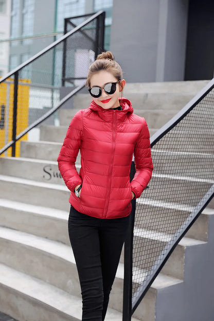 Hoody Duck Down -takki Naiset muoti puffer takki syksy vetoketju ultra kevyt lämmin takki naaras kannettava xxxl alas takki talvi