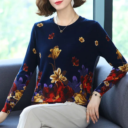 YISU Fashion Casual Autumn Women Sweater O-Neck morning glory Printing Long sleeve Tops Female Jumper Loose Knitted pullover