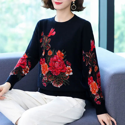 YISU Women Sweater New O-Neck Knitted pullove Long sleeve Simple Female Casual Loose Rose flower printing Women clothing