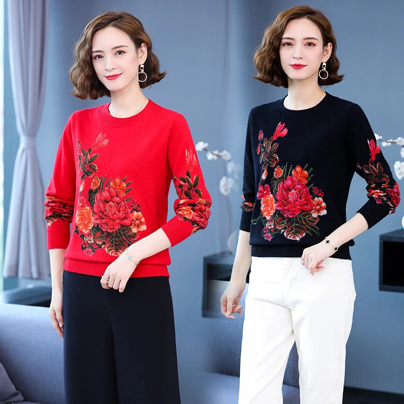 YISU Women Sweater New O-Neck Knitted pullove Long sleeve Simple Female Casual Loose Rose flower printing Women clothing