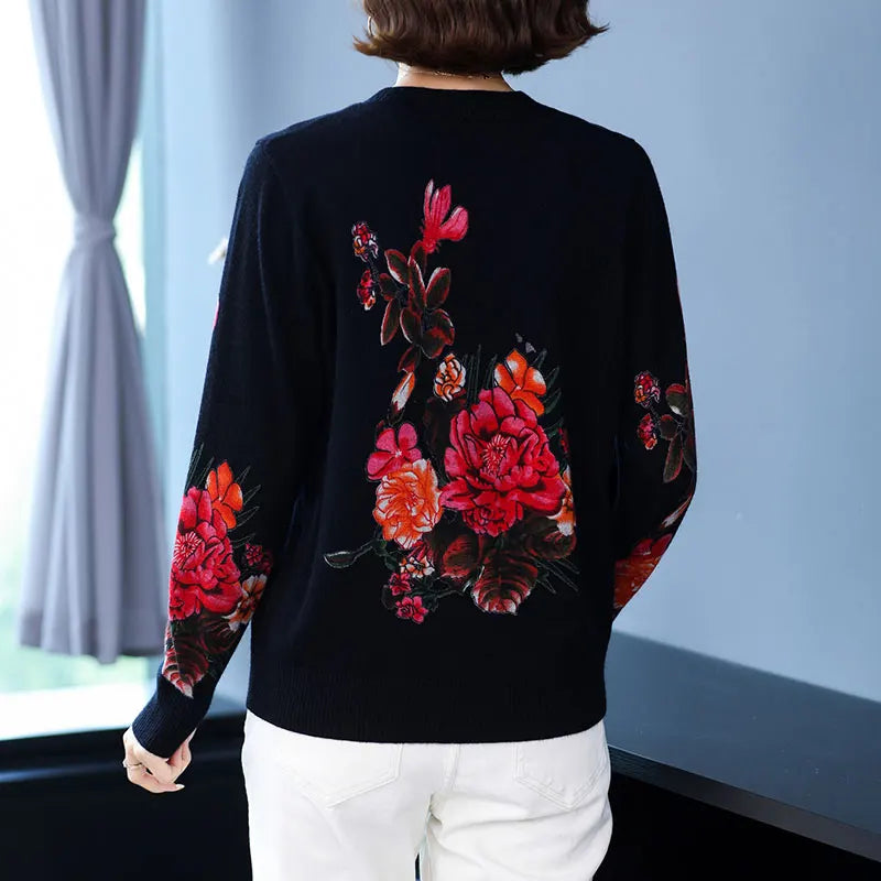 YISU Women Sweater New O-Neck Knitted pullove Long sleeve Simple Female Casual Loose Rose flower printing Women clothing
