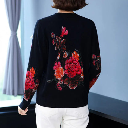 YISU Women Sweater New O-Neck Knitted pullove Long sleeve Simple Female Casual Loose Rose flower printing Women clothing