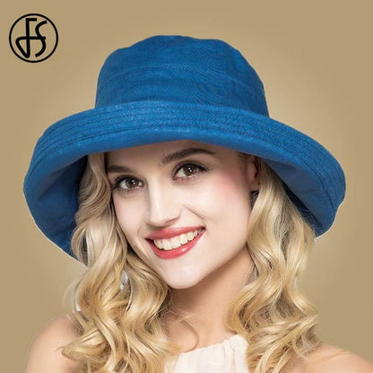 FS Summer Womens Cotton Wide Brim Sun Hats Foldable Casual Viseira Feminina Fashion Sun Visor Caps Bucket Hat Chapeu Feminino