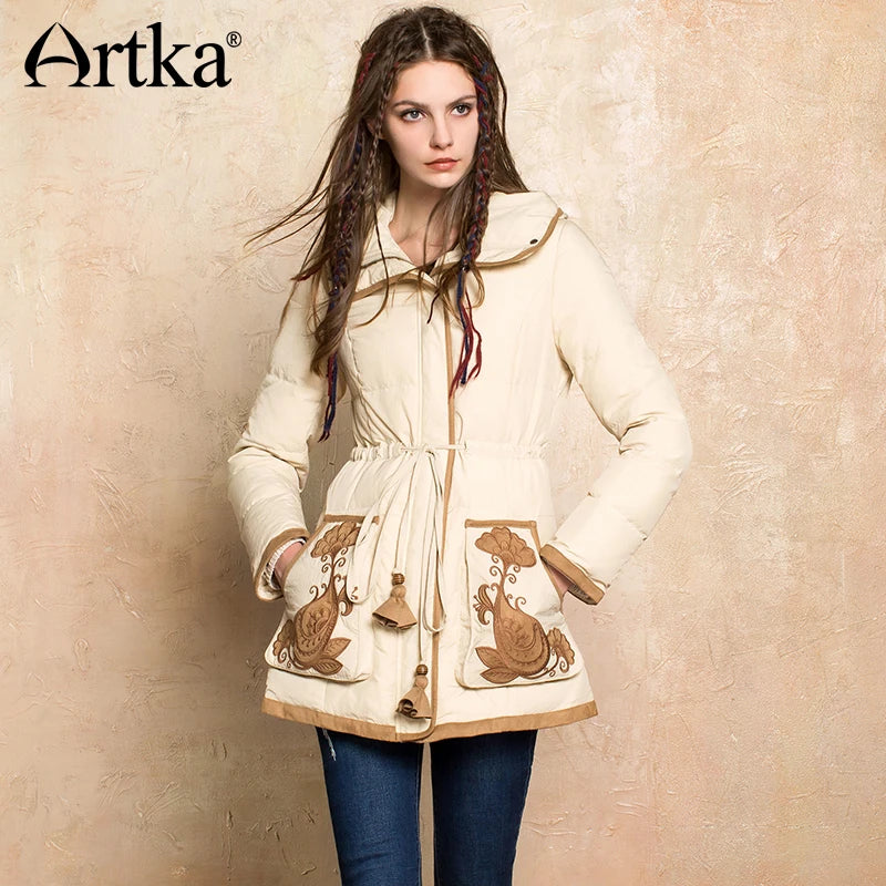 ARTKA 2018 Winter New Women's 90% White Duck Down Thick Coat Drawstring Patch Embroidery Pockets Vintage Down Jacket ZK10073Q