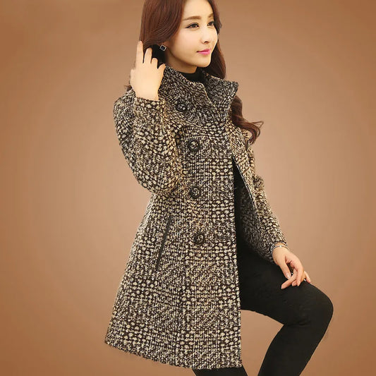 New Women's Wool Blends Coat Winter 2025 Autumn Fashion Elegant Mother Turtleneck Plaid Slim Long Tweed Woolen Outerwear Female