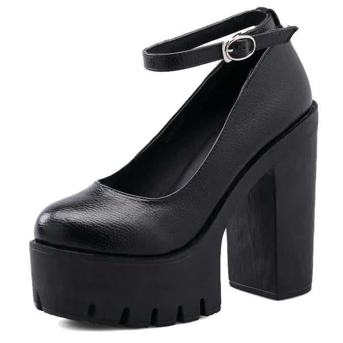 Gdgydh spring autumn casual high-heeled shoes sexy ruslana korshunova thick heels platform pumps Mary Janes Black White Size 42