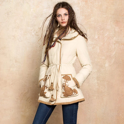ARTKA 2018 Winter New Women's 90% White Duck Down Thick Coat Drawstring Patch Embroidery Pockets Vintage Down Jacket ZK10073Q
