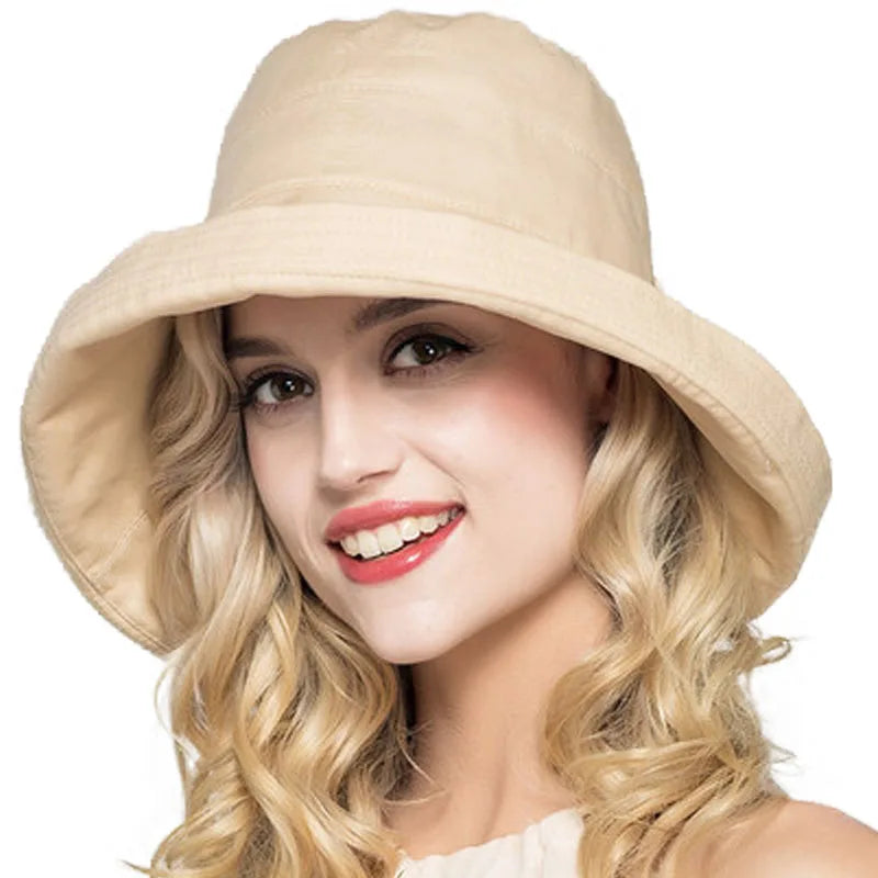 FS Summer Womens Cotton Wide Brim Sun Hats Foldable Casual Viseira Feminina Fashion Sun Visor Caps Bucket Hat Chapeu Feminino