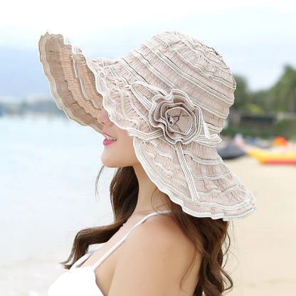 HT1676 2018 New Fashion Women Hat Korea Style Flower Packable Large Wide Brim Hat Anti-UV Adjustable Ladies Floppy Beach Sun Hat