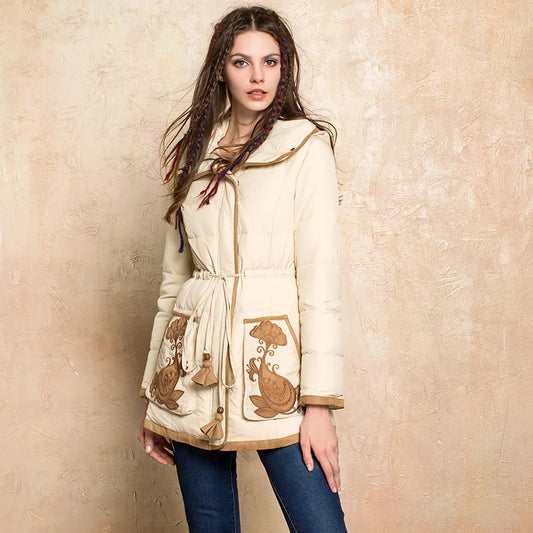 ARTKA 2018 Winter New Women's 90% White Duck Down Thick Coat Drawstring Patch Embroidery Pockets Vintage Down Jacket ZK10073Q