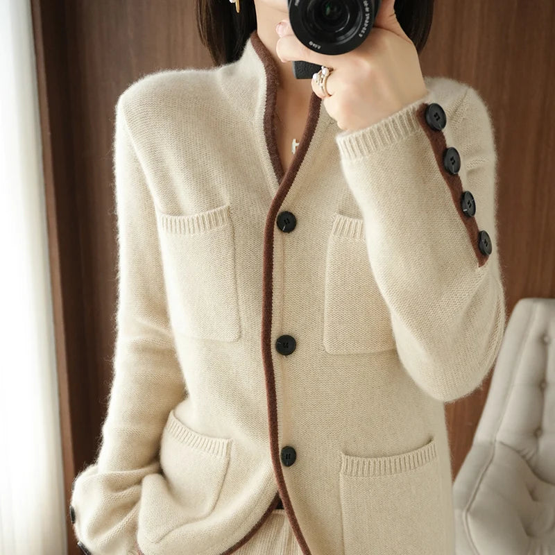 100% Cashmere / Wool Sweater Autumn/Winter 2021 Women's Stand-up Collar Cardigan Casual Knit Tops Korean Plus Size Female Jacket